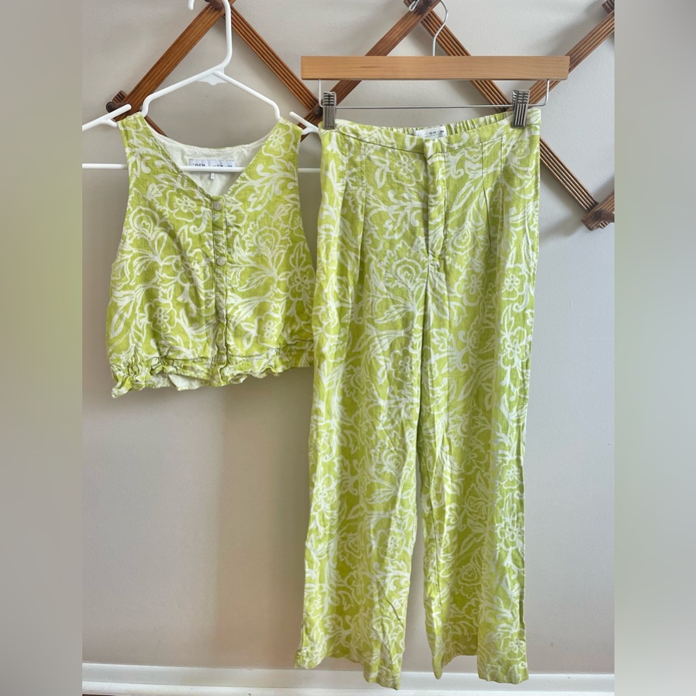 Zara Lime and White Floral Linen blend Jumpsuit Set